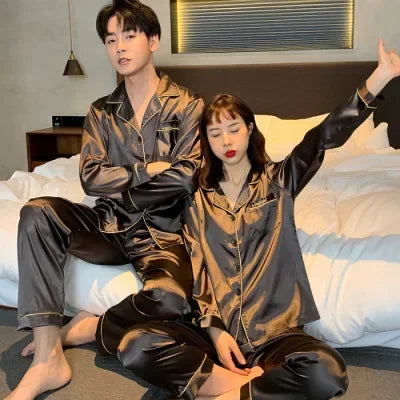 B Solid Color Sleepwear Silk Satin Pajamas Couple Set Long Sleeves Pyjamas Suit Pijama Women Men Loungewear Plus Size Pj Set Qme