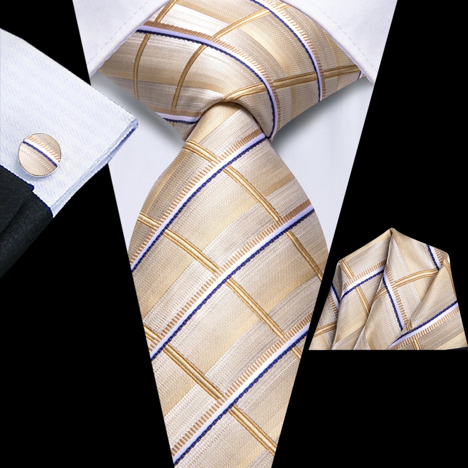 Men Luxury Champagne Necktie Set Including Pocket Square & Cufflinks Party Daily Outfit Qme HT-LDSN2217
