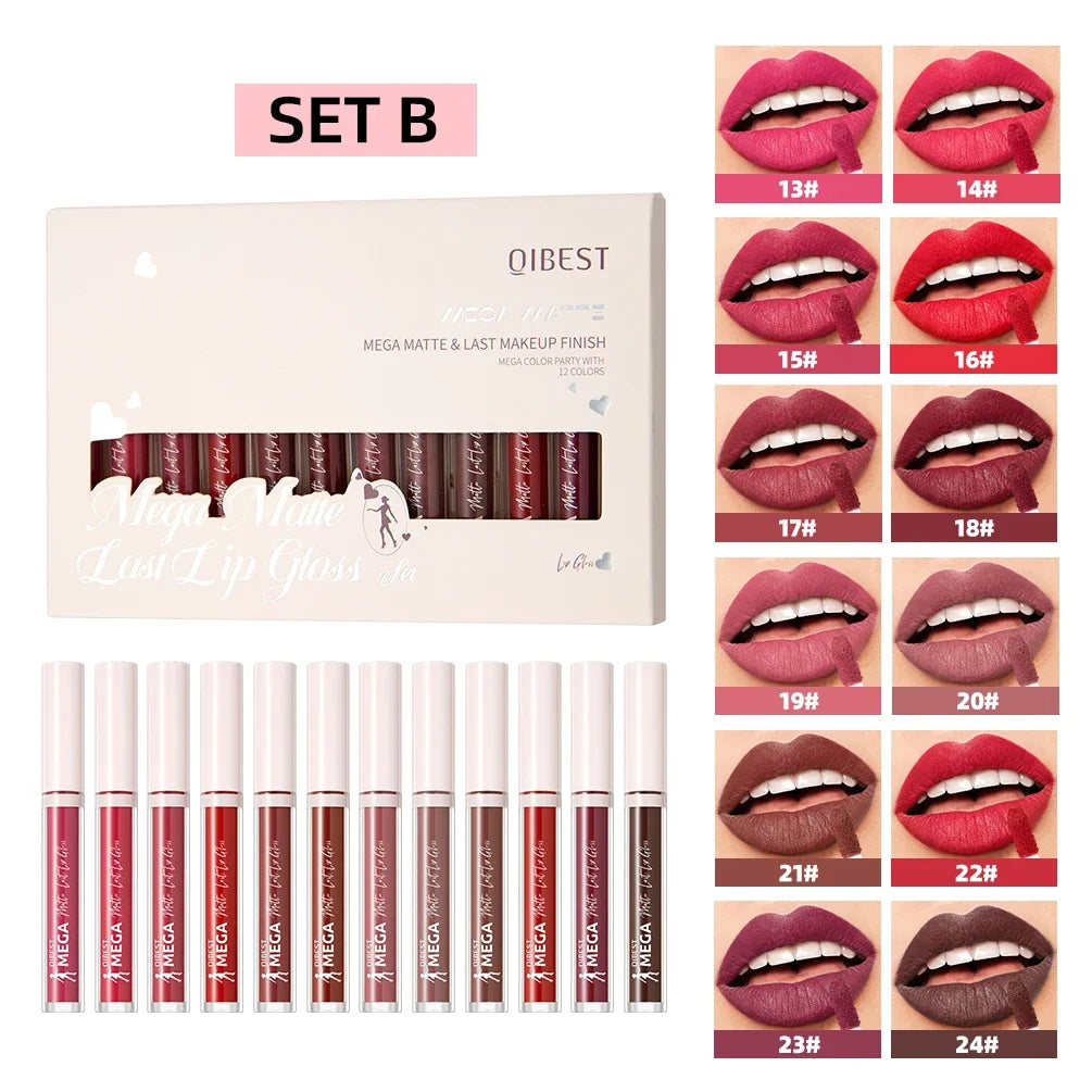 QIBEST 12PCS Matte Liquid Lipstick Sets High-Pigment Long-Lasting Velvet Lip Gloss Nude Purple Lip Mud Makeup Kit Lip Stain Tint Qme 12 Colors Set B