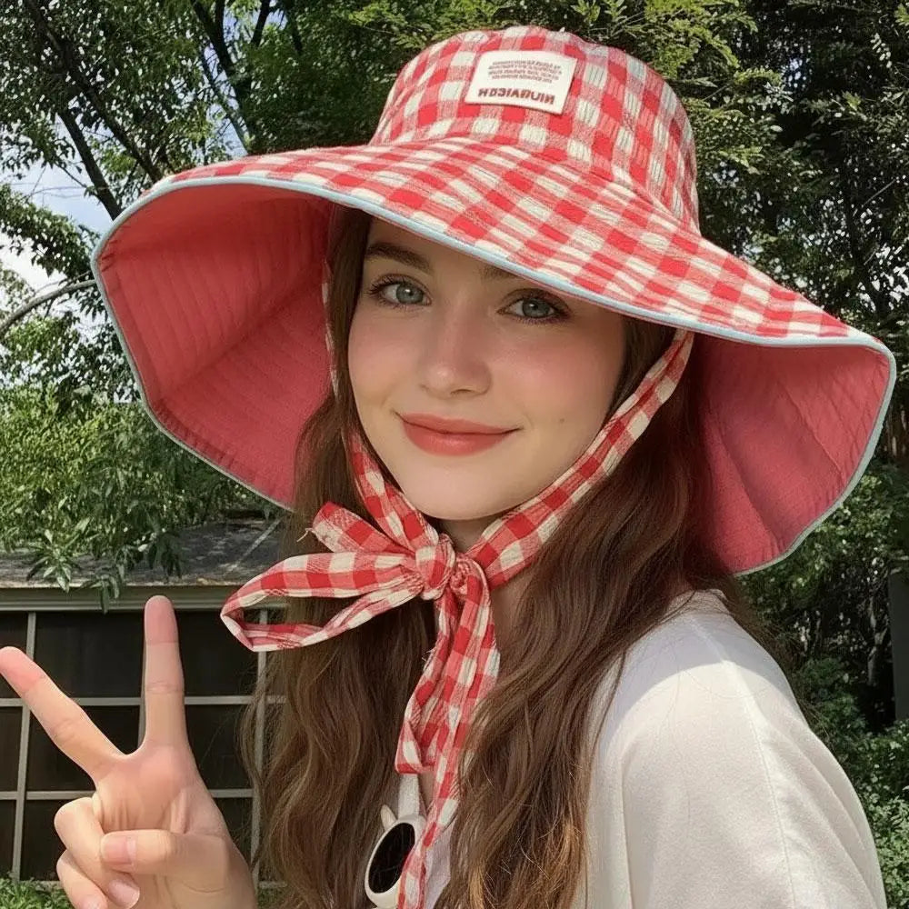 Women Girl Fisherman Hat Double Sided Sun Korean Ins Plaid Tie Strap Qme