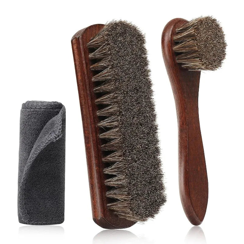 Horsehair Shoe Brush Beech Wood Handle Leather Suede Cleaning Soft Qme 3Pcs