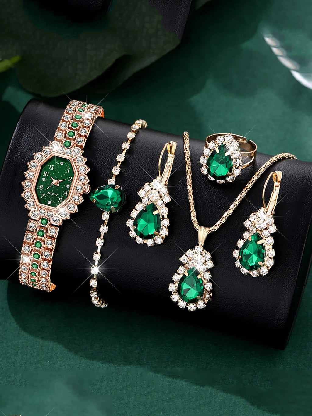 5Pcs Luxury Emerald Crystal Watch Necklace Earrings Ring Bracelet Set Qme green