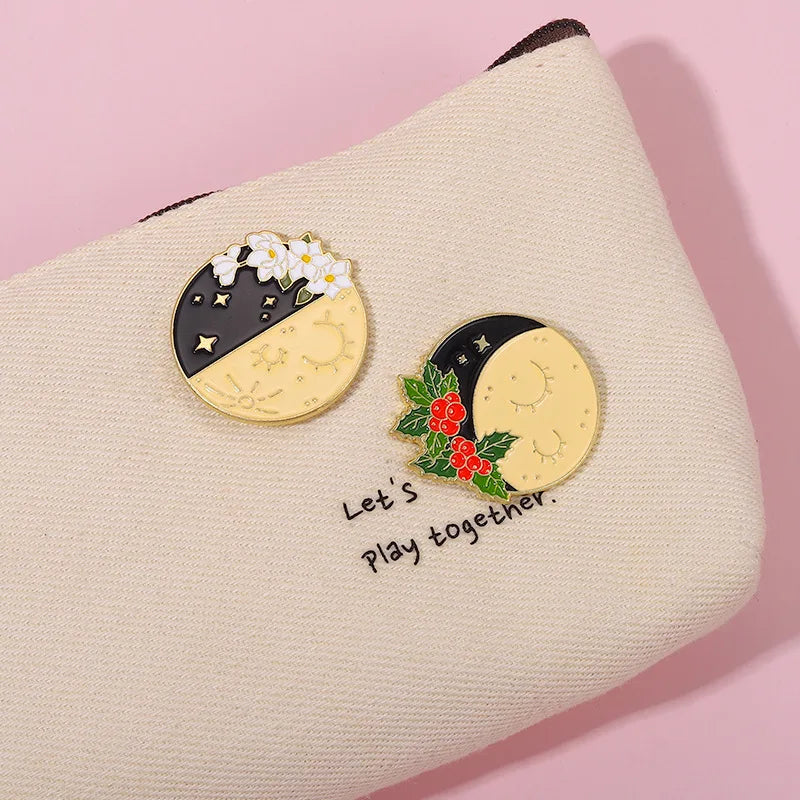 Flower Sun Moon Phase Enamel Pin Metal Badge Daisy Rose Astrology Brooch Lapel Backpack Accessories Jewelry Friends Wholesale Qme