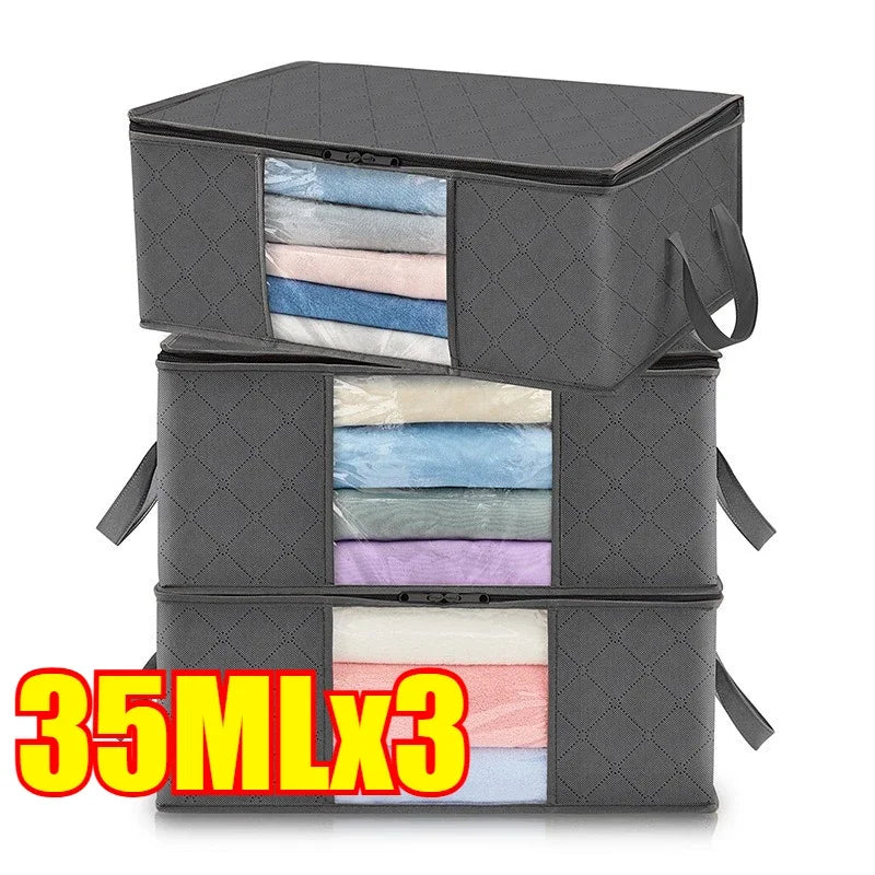Closet Organizers and Storages Clothes Storage Bag Blanket Storage Foldable Storages Bin Sturdy Sewn By 3 Layers Fabrics Qme 3PCS-35L