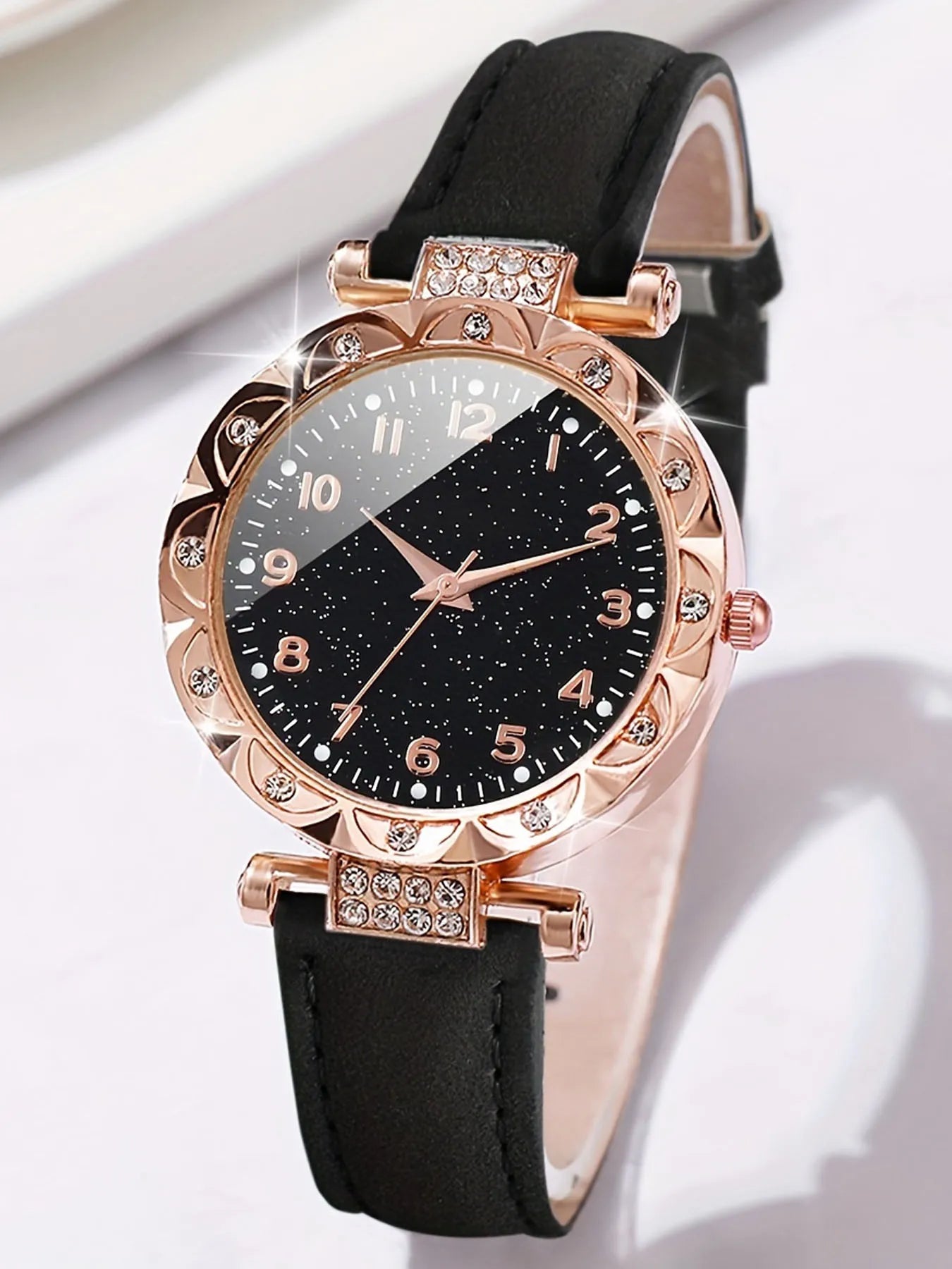 Rose Gold Women Quartz Watch 4Pcs Black Bracelets Jewelry Gift Qme