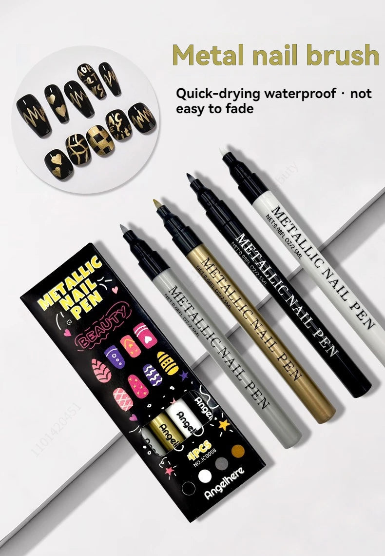 4 Colors Metal Nail Art Graffiti Pen Set Nail Marker Drawing Pen, Waterproof DIY Art Nail Painting Manicure Pen Qme