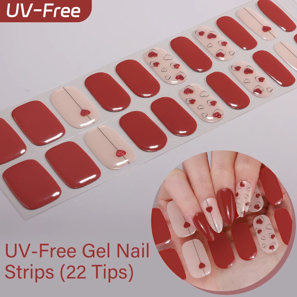 22Tips French Red Heart Kiss UV-Free Gel Nail Stickers Glitter Flower