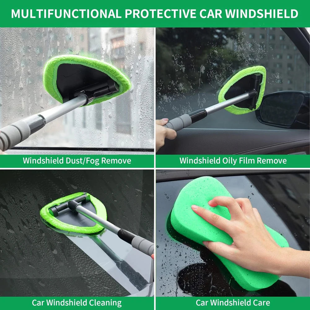 Car Glass Cleaner Windshield Cleaning Tool with 2 Microfiber Pads Windshield Washer Brush Extendable Handle for Car & Home Use Qme