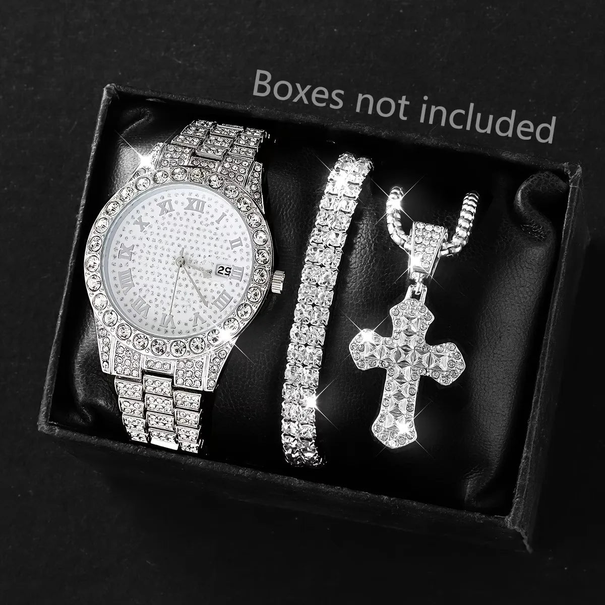 Luxury Two-tone Iced Out Men's Watch Jewelry Set, 4Pcs Blue Dial Watch + Cuban Bracelet + Cross Necklace + Ring, Hip Hop Qme Rose