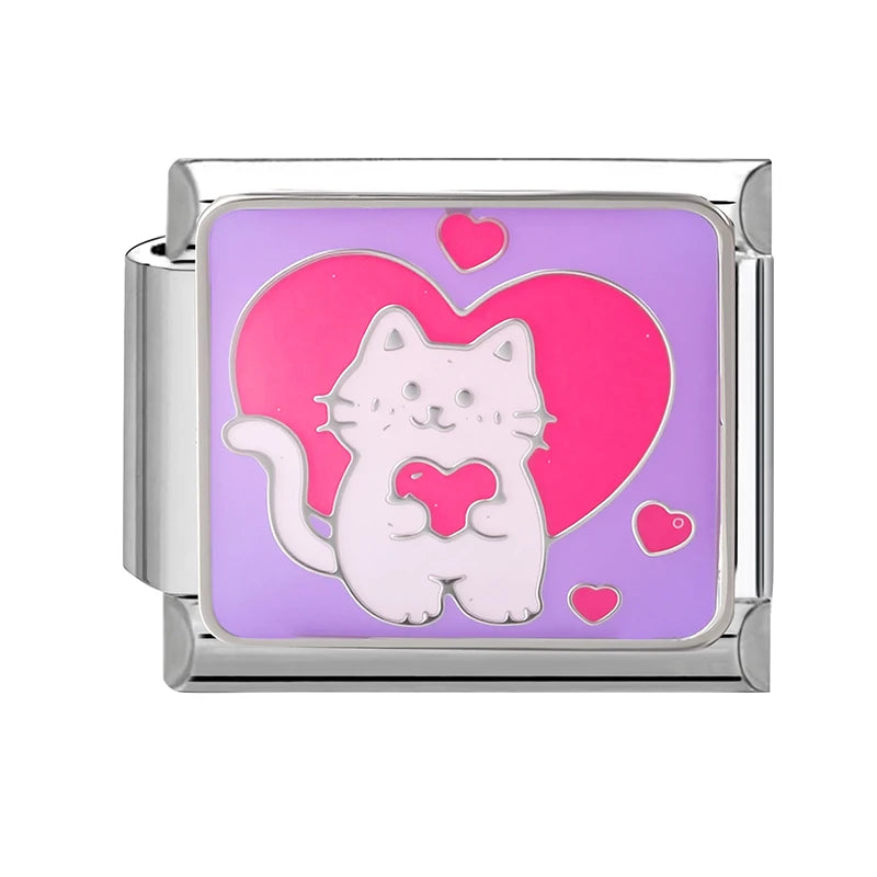 Cute Colored Love Heart Cat Italian Charm Fit Stainless Steel Women