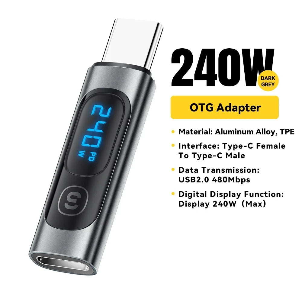 PD to USB C 240W OTG Adapter Fast Charging with Digital Display 480Mbps Data Transfer OTG Connector for iPhone Macbook Samsung Qme black