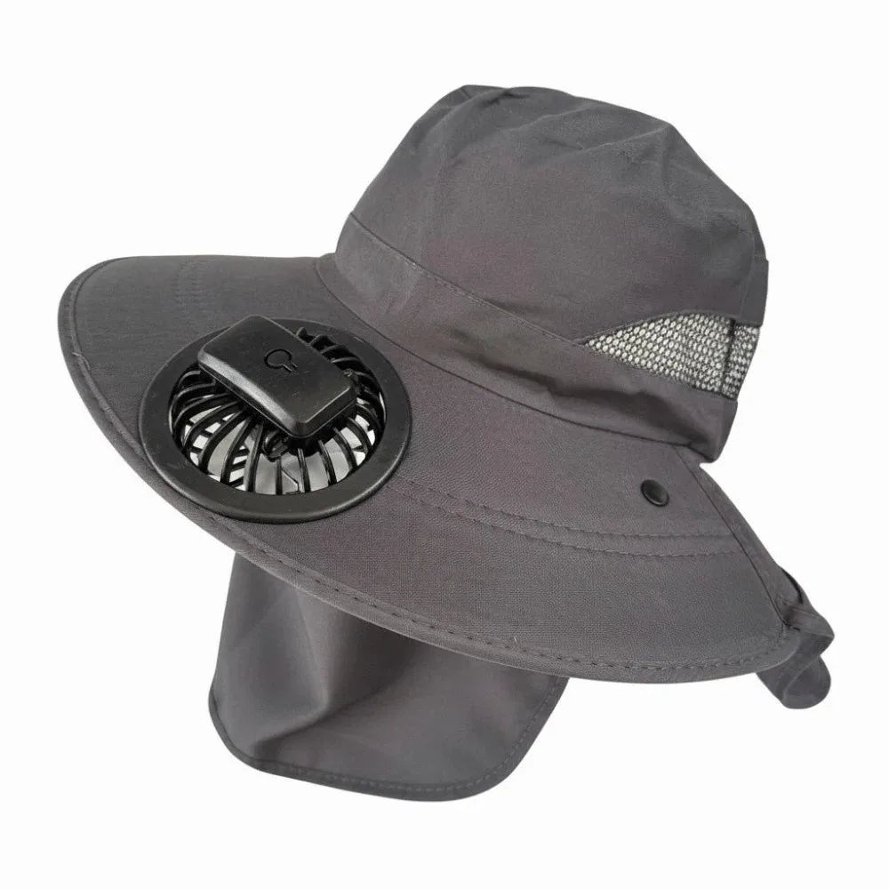 Portable Rechargeable Fan Hat Adjustable Long-lasting Fishing Sun Shading Hat with Face Cover 300mA Wide Brim Fan Hat Travel Qme Dark Grey