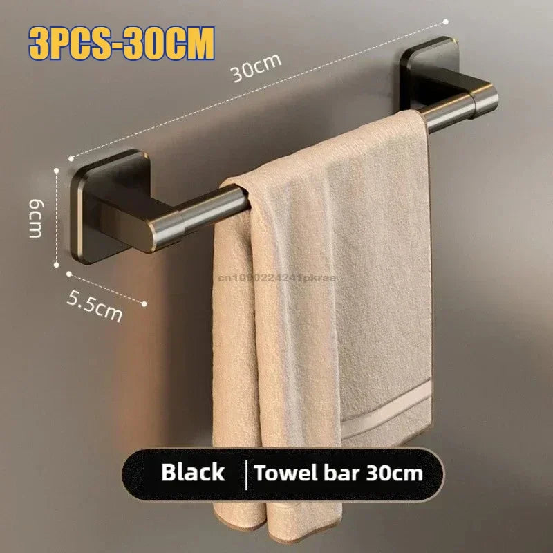 Wall Mounted Towel Rack Bathroom Storage Rack No Drilling Bathroom Horizontal Bar Towel Rack Kitchen Bathroom Accessories Qme 3PCS-Black 30CM