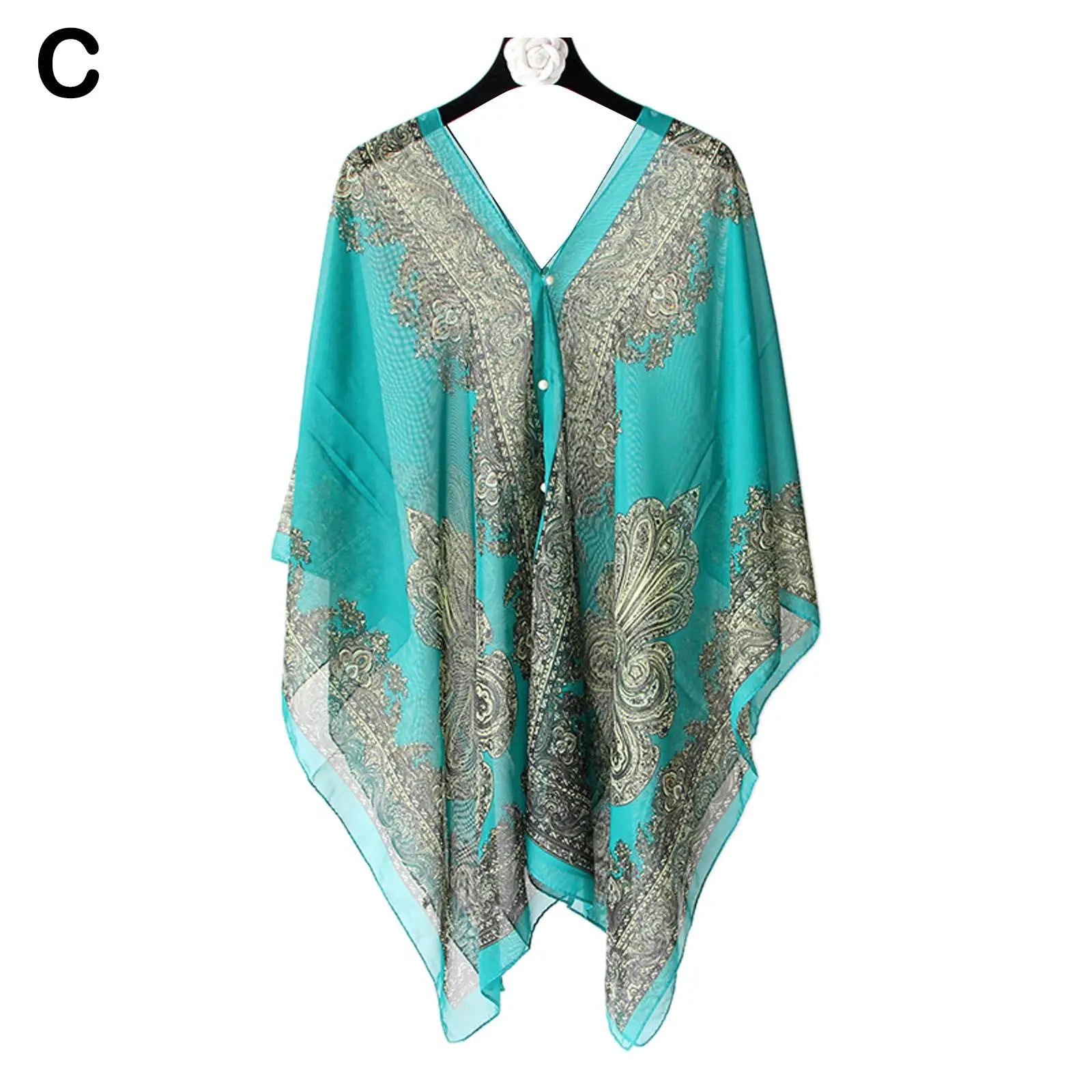 Woman Chiffon Blouse Fashion Women Scarf Shawl Printed Sunscreen Sun Protection Shawl Beach Shawl Soft Loose Bikini Cover Tops Qme blue