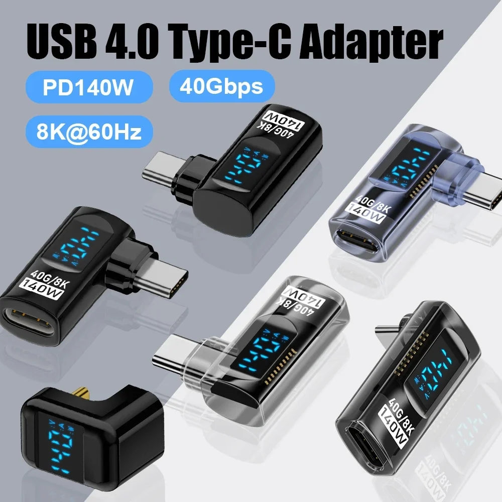 USB 4 Type C Adapter 40Gbps 140W 90 Degree USB C Adapter for Thunderbolt 4 3 Cable Connector Right Angle U Shape Digital Display Qme