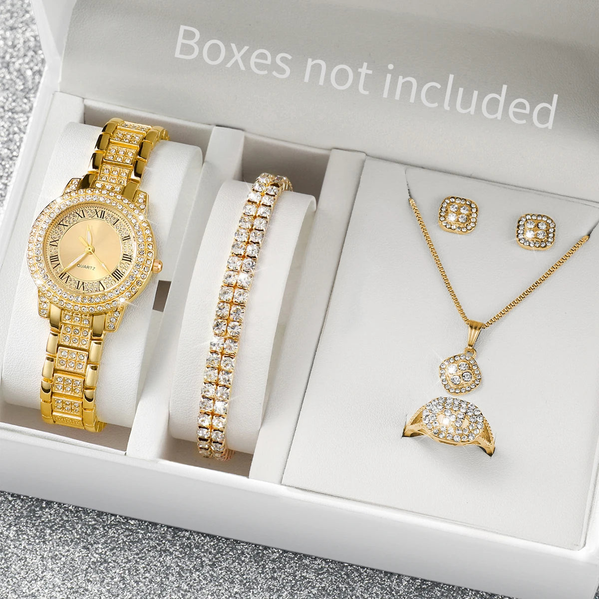6PCS/Set Fashion Women Watches Luxury Rhinestone Roma Dial Quartz Watch Steel Band Wristwatches Diamond JewelrySet（Without Box） Qme Gold Set No Box