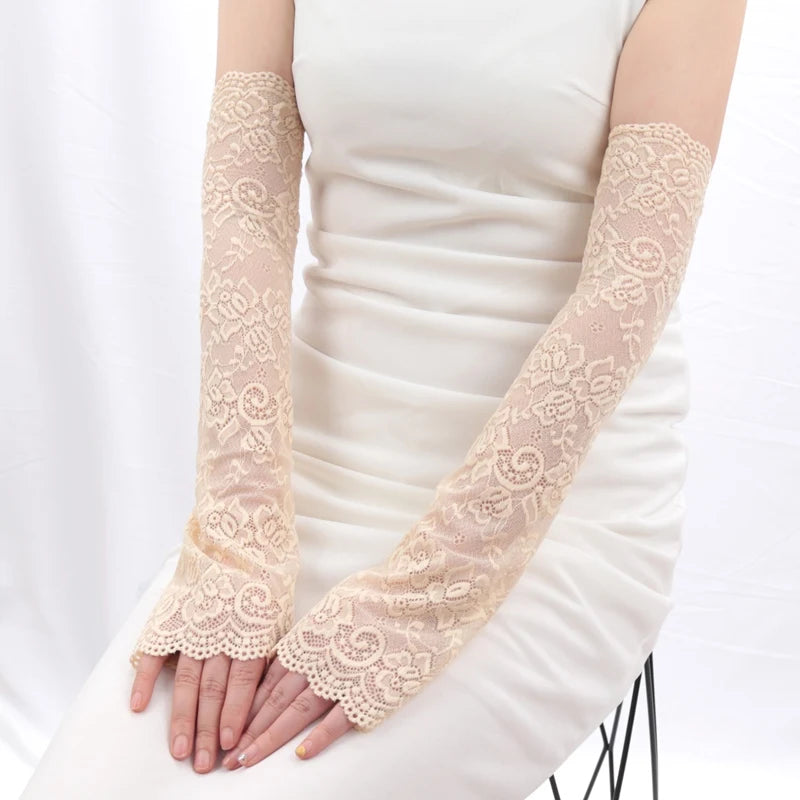 1 Pair Fashion Gloves Lace UV Protection Arm Sleeve Sunscreen Women Qme Beige