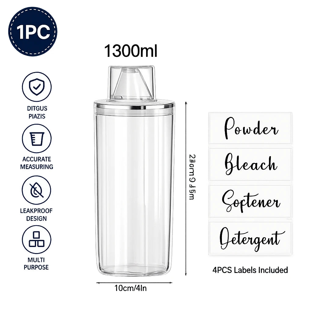 Clear Laundry Detergent Dispenser Container with Measuring Cup Lid, Cylindrical Airtight Canister for Laundry Powder Liquid Soap Qme 1300ml with labels
