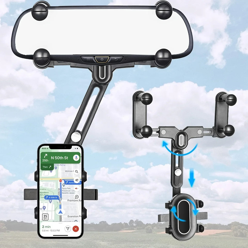 360° Rotating Car Rearview Mirror Phone Holder - Perfect for Kids and Adults - Compatible with Phones and GPS Devices Qme