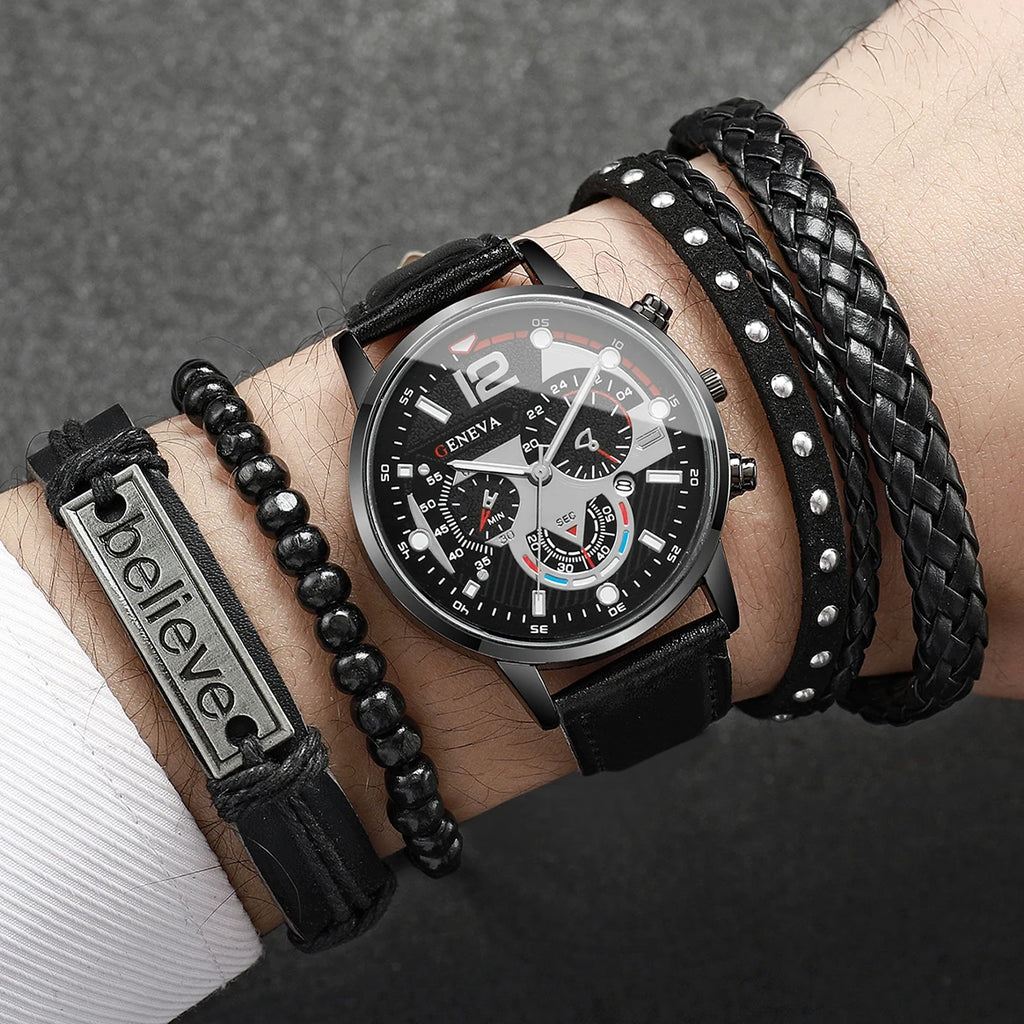 4/5 men's business watch strap set, fashionable men's leather watch (without box) Qme