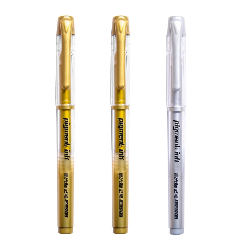 3Pcs/Set 1.0mm Highlight Marker Pen White/Gold/Silver Ink Large Capacity Gel Pen For Drawing Art Supply Sketch Paint Pen Qme 2gold 1silver