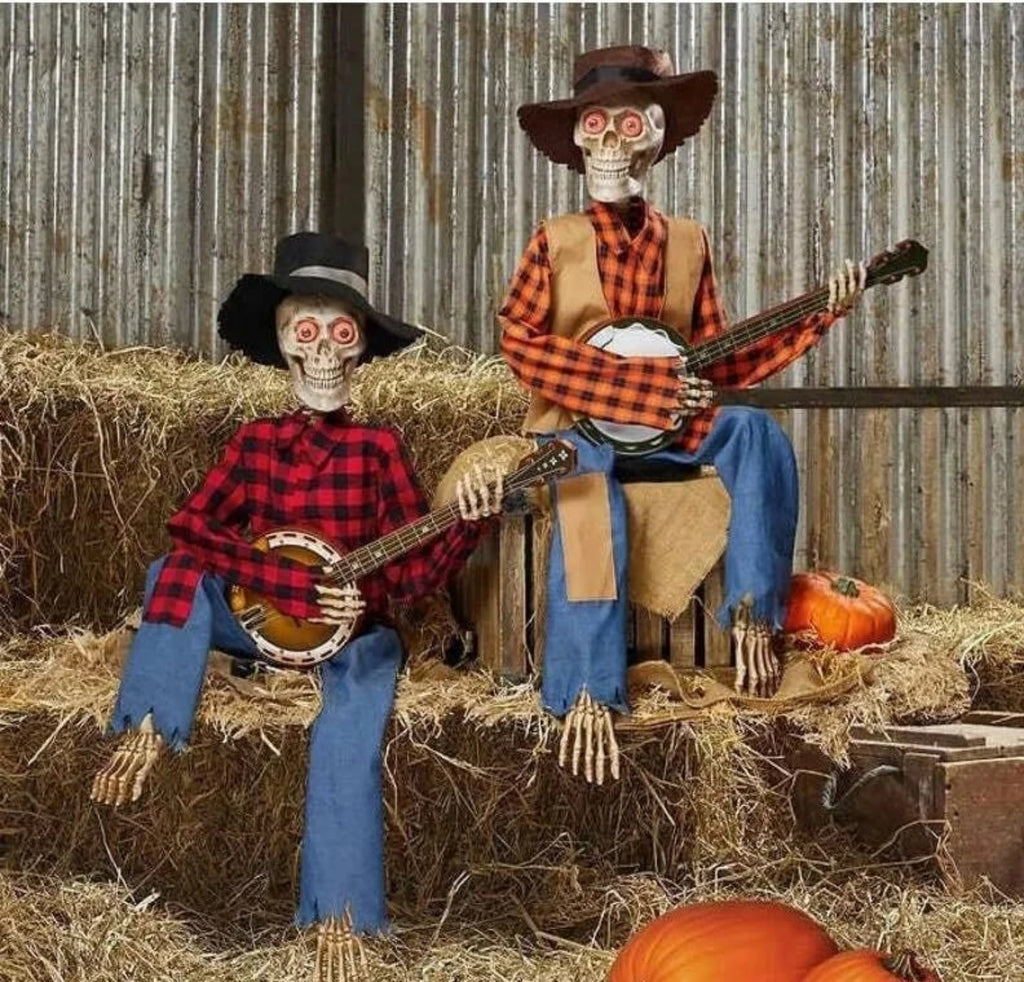 Animated Motion Sound Activated Musical Multi Lingual Banjo Skeletons Duo Halloween Fall Indoor Glowing Skeleton Skeleton Decor Qme