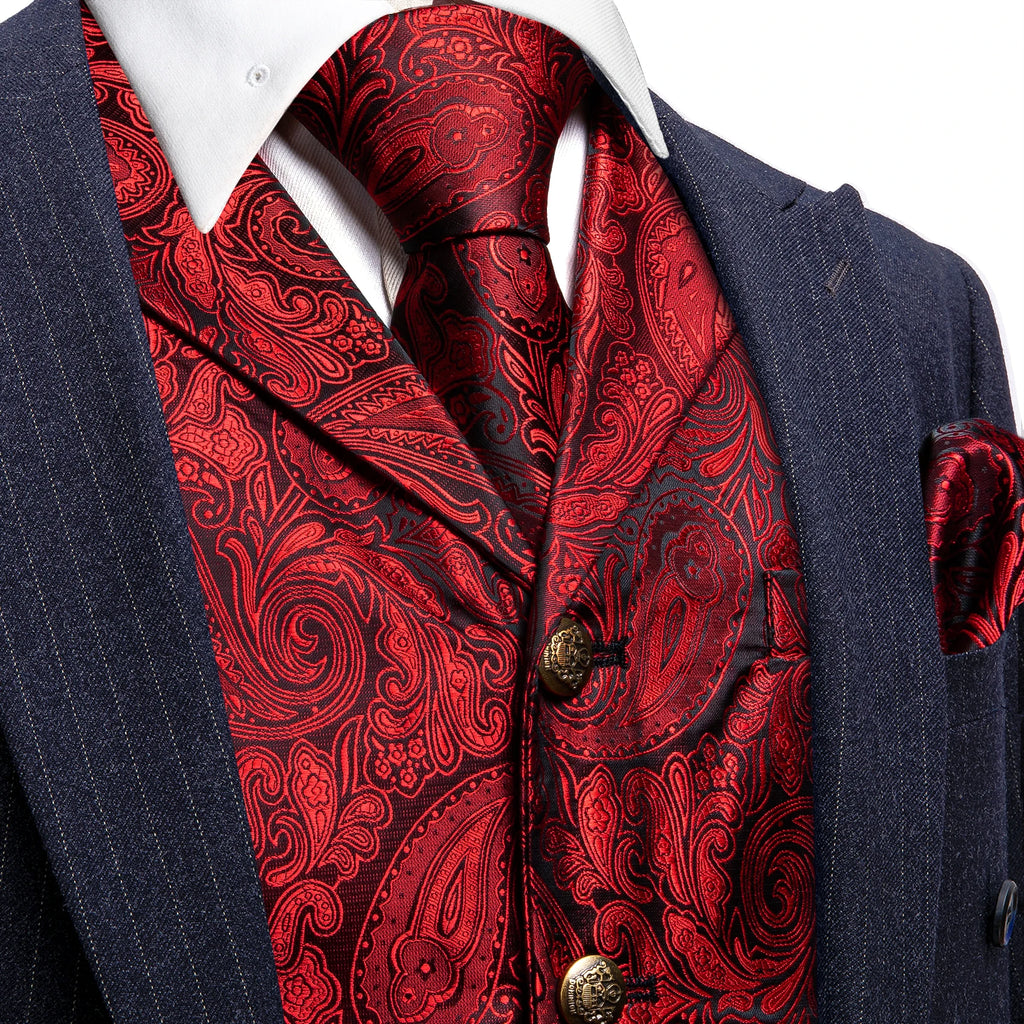 Men's Jacquard Waistcoat Half Notch Lapel Vest Necktie Pocket Square Cufflinks Set Formal Wedding Party Prom Business Suit Vests Qme