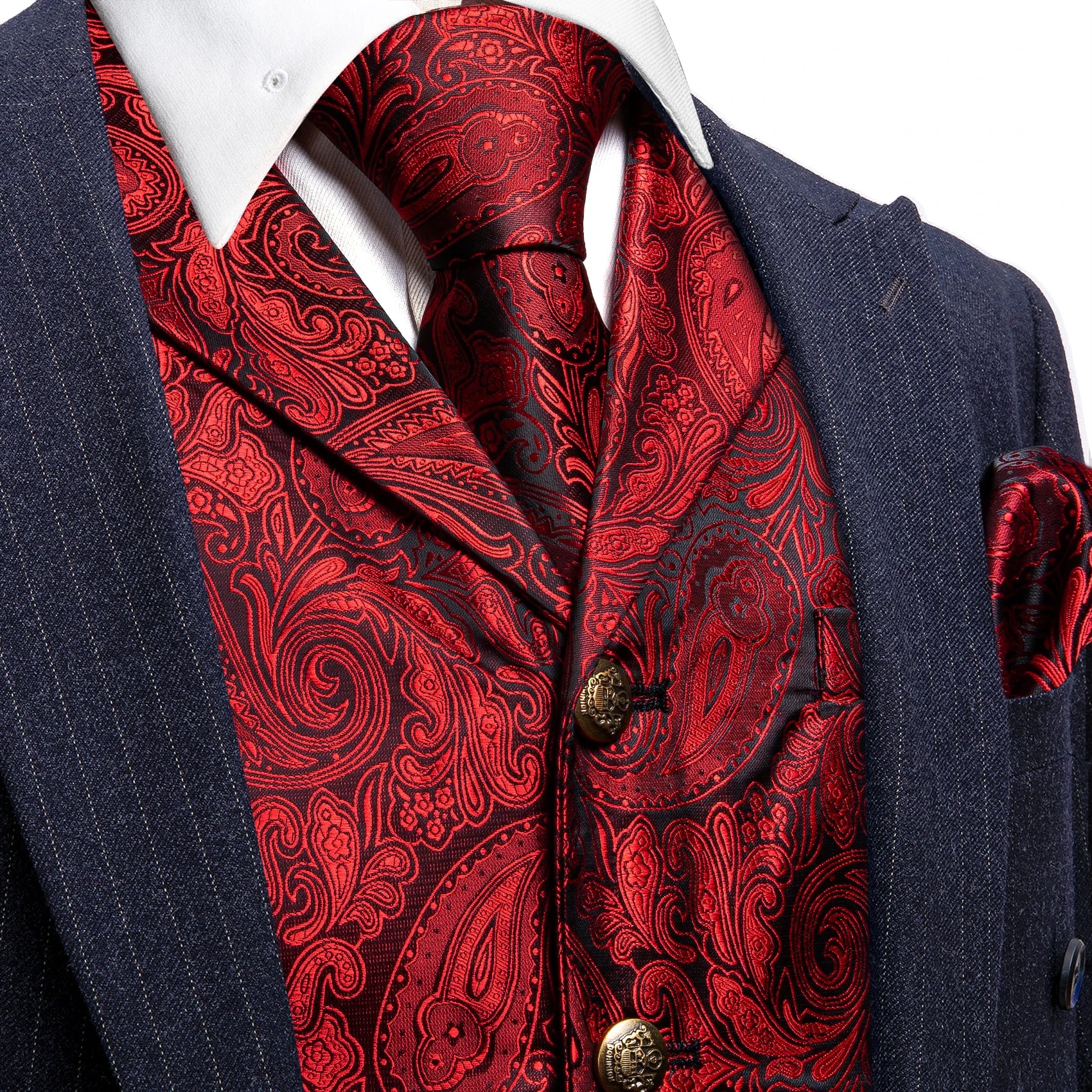 Men's Jacquard Waistcoat Half Notch Lapel Vest Necktie Pocket Square Cufflinks Set Formal Wedding Party Prom Business Suit Vests Qme