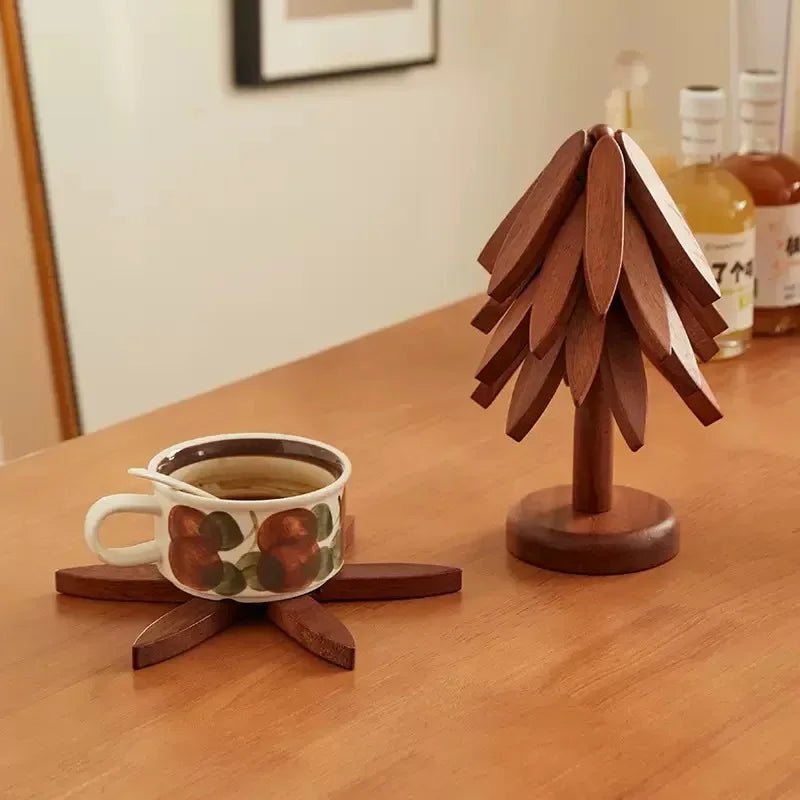 Christmas Tree Insulation Mat Solid Wood Dining Table Coaster Anti Scalding Mat Pot Mat Creative Personalized Home Decoration Qme walnut-3 leaf L