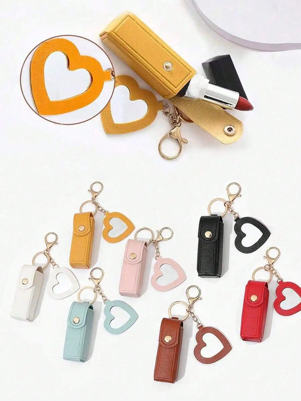 Lipstick Holder Heart-shaped Mirror Useful Women Makeup Key Chain Qme