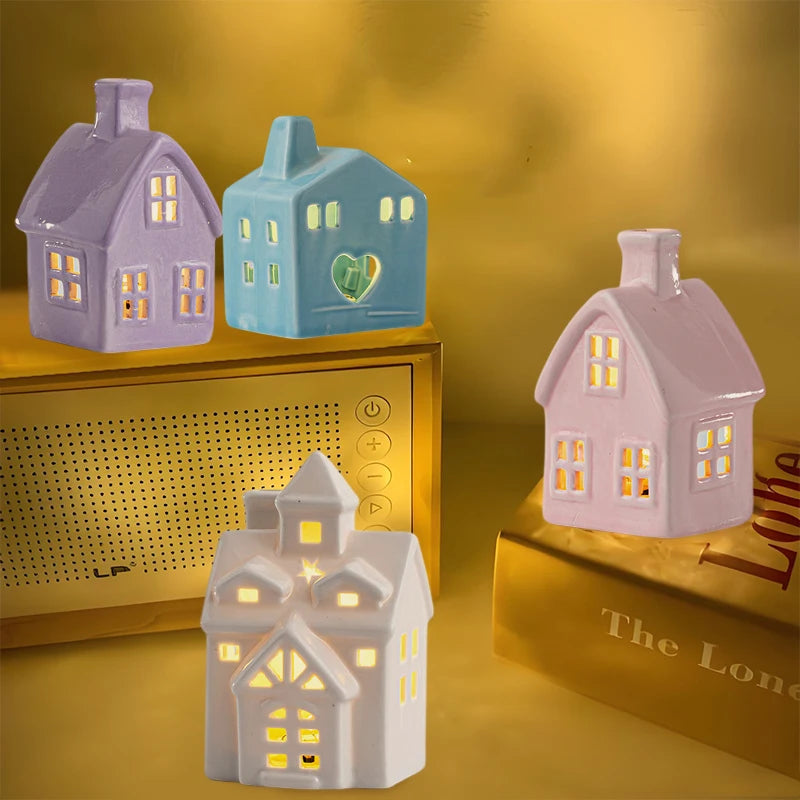 Village House Light Up Decorations, White Ceramic House Decor With Lights, Light Up Winter Village Houses Qme
