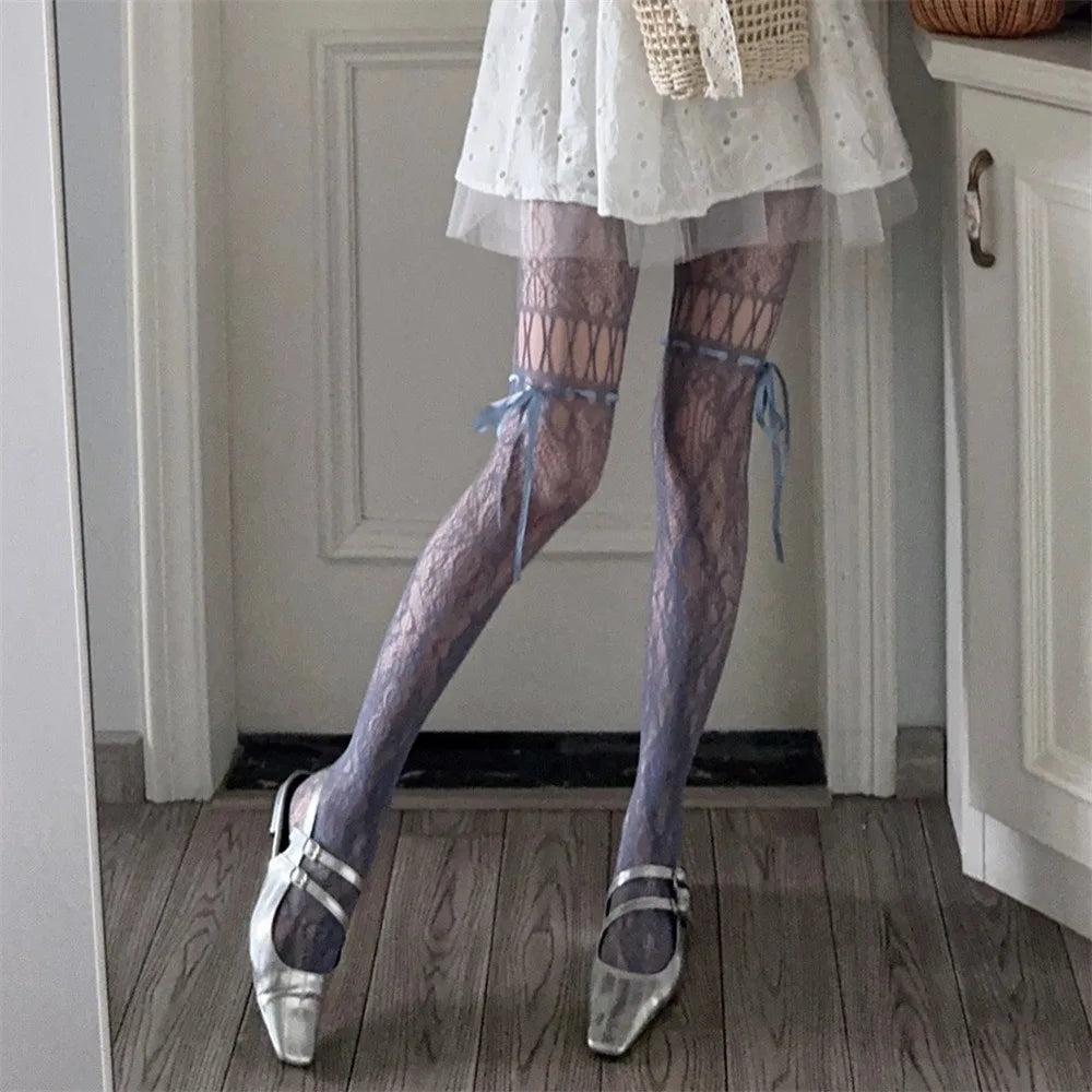 Waist Mesh Lace-up Pantyhose Smooth High-density Shaping Silk Qme Blue One Size