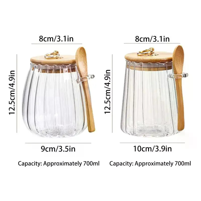 Clear Glass Food Containers with Wood Lid and Spoon Kitchen Storage Jar Sealed Cans for Loose Tea Candy Cereal Organizer Qme