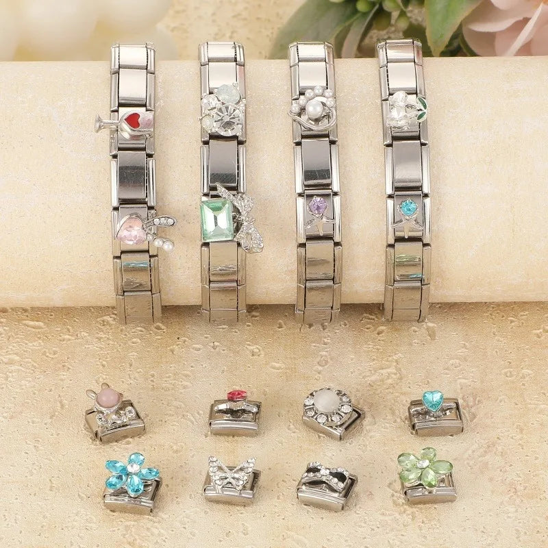 Zircon Bow Knot Blue Flowers Pink Heart Purple Butterfly Italian Charm Links Fit 9mm Bracelet Stainless Steel DIY Making Gifts Qme