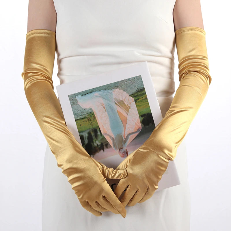 Classics Ladies Satin Long Mittens Stage Performance Women Black Colour Gloves Sexy Accessories Soft Smooth Solid High Stretch Qme Gold One Size