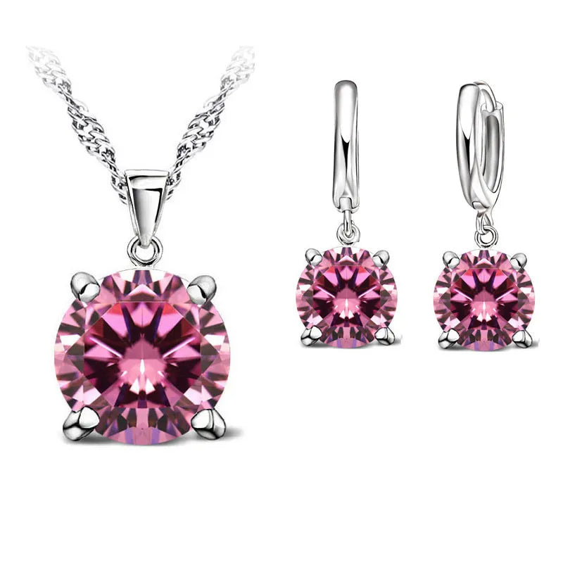 Real 925 Sterling Silver Color Earrings CZ Crystal Classic Round Earrings For Women Wedding Engagement Fashion Brand Jewelry Qme Pink
