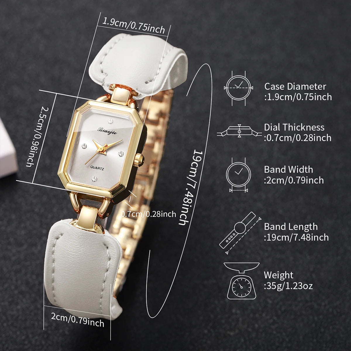 Women Small Rectangle Dial Quartz Wrist Watch White Leather Strap Rhinestone Index Elegant Casual Ladies Dress Wristwatch Gift Qme