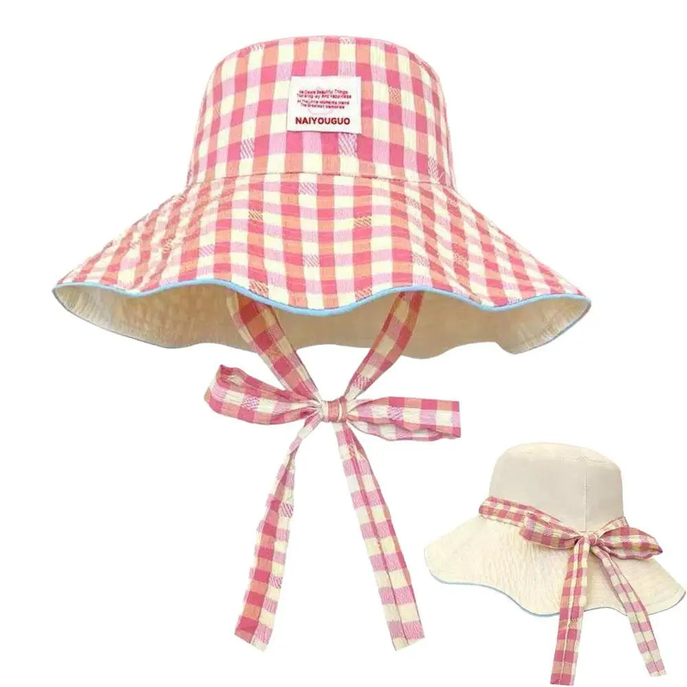 Women Girl Fisherman Hat Double Sided Sun Korean Ins Plaid Tie Strap Qme Pink