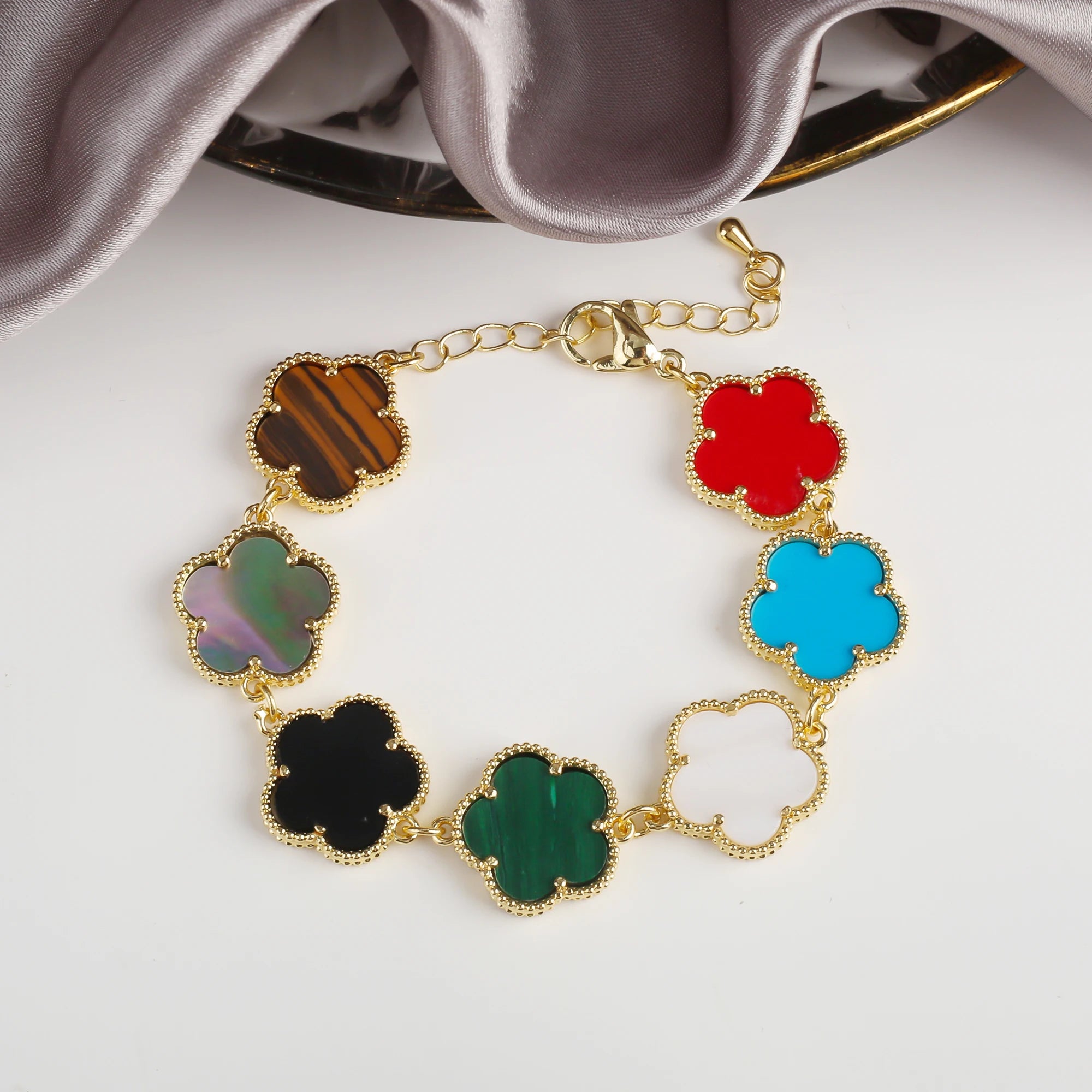 10 Color Classic Natural Stone Five Leaf Flower Bracelet For Women Party Wedding Daily Wear Brand Jewelryl Gift Free Shipping Qme Colorful Gold