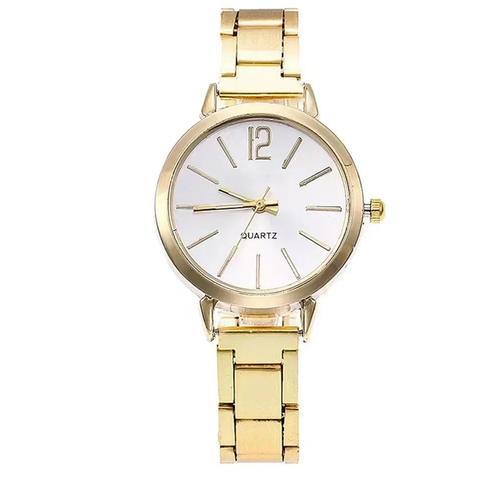 Relógio de pulso de quartzo redondo simples para mulheres, moda inoxidável, pulseira de ouro, relógios femininos, luxo, Qme 3