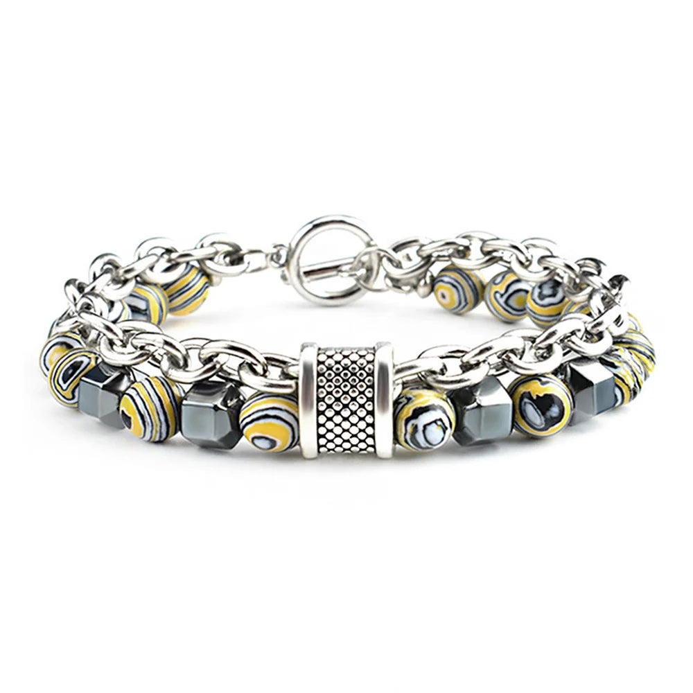 New Cool Fashion Peacock Stone Black Gallstone Metal Bead Bracelet Hip Hop Punk Daily Matching Jewelry Trend Accessories Qme huang 21cm