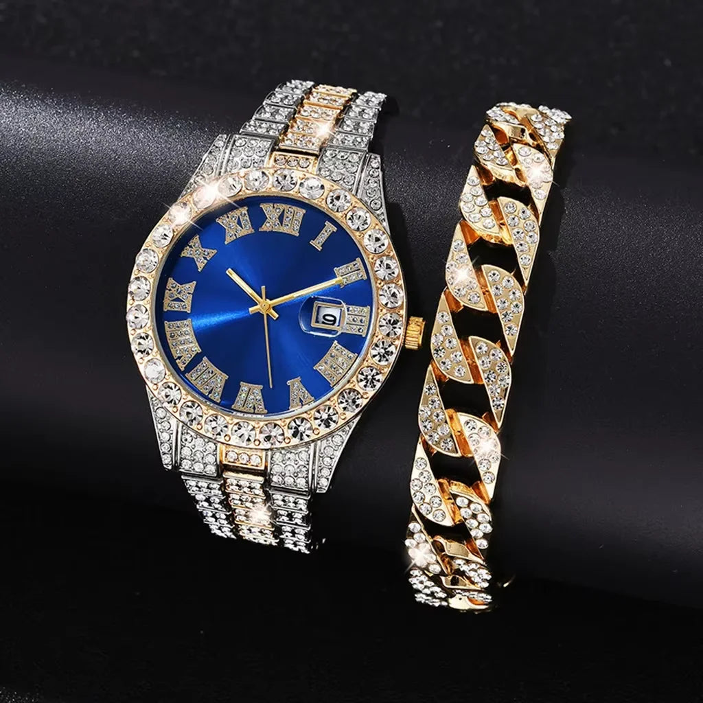 Iced Out Watch Men Luxury Brand Full Diamond Mens Watches AAA CZ Quartz Men's Watch Waterproof Hip Hop Male Clock Gift for Men Qme SKY BLUE