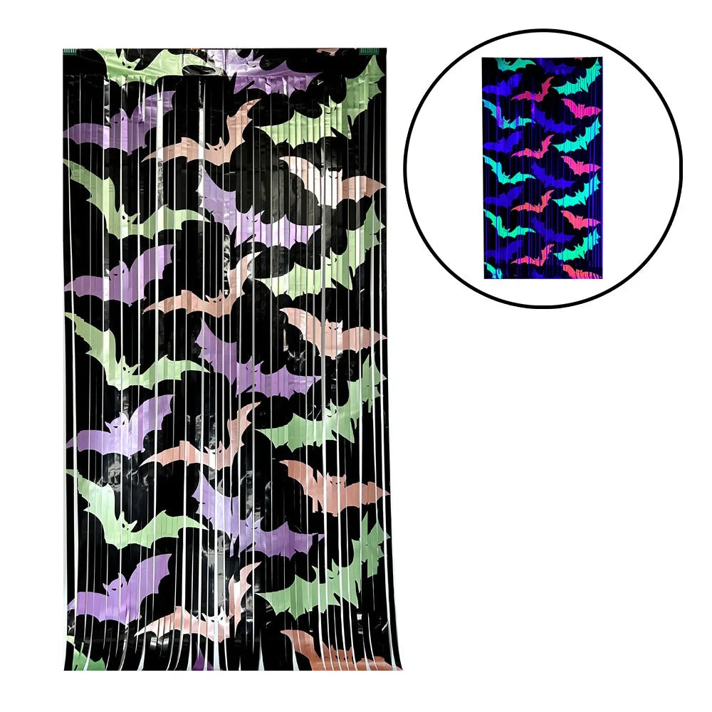 1x2M Fluorescent Tinsel Curtain Bat Pattern Cartoon Halloween Printing Curtain Sparkling Funny Door Hanging Decor Qme 1x2M