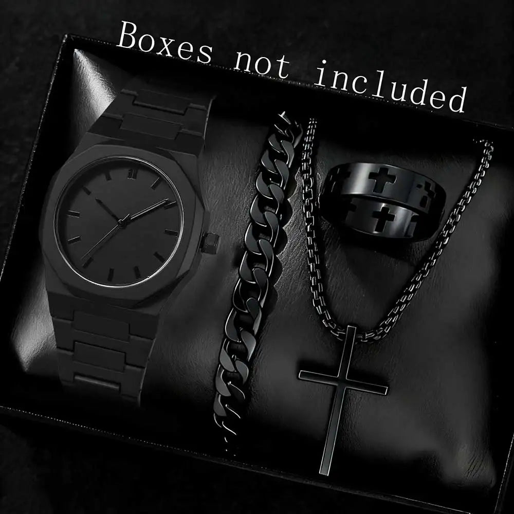 Matte octagonal minimalist scale men's watch Cuban bracelet cross necklace ring four piece set, not including gift box Qme Black A