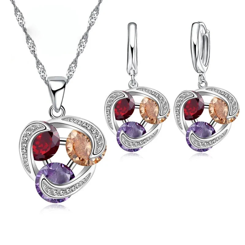925 Sterling Silver Color Fashion Jewelry Set for Women Girl Pendent Necklace Hoop Earrings CZ Zircon Anniversary Party Gift Qme Default Title