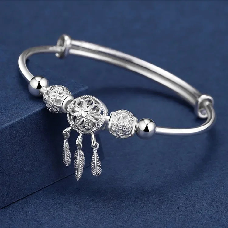 Fine 925 Sterling Silver Dreamcatcher Tassel Feather Lucky Bead Bracelet Bangle for Women Fashion Original Jewelry Couple Gifts Qme