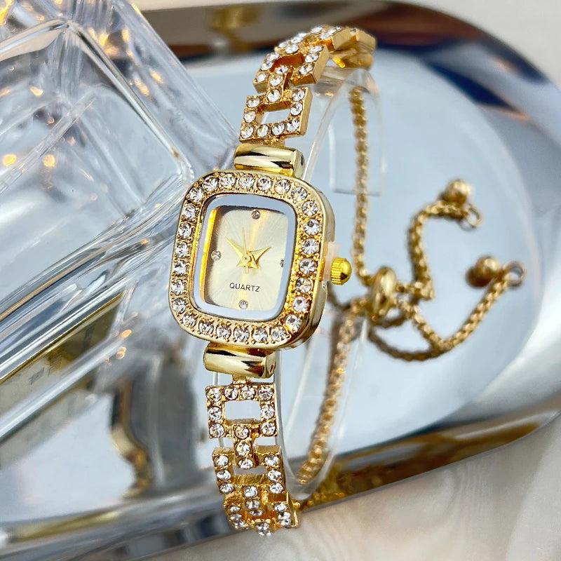 Cross-border new small square bracelet pull women's watch free adjustment square chain diamond set small ladies quartz watch Qme Gold