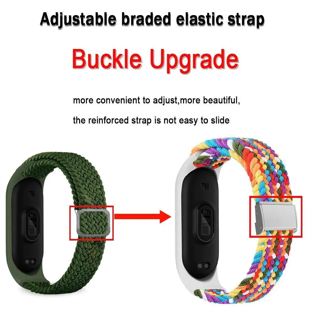 Adjustable Braided Nylon Elastic Wristband for Xiaomi Mi Band 8 Fitness Tracker Stainless Steel Buckle Replacement Strap Qme