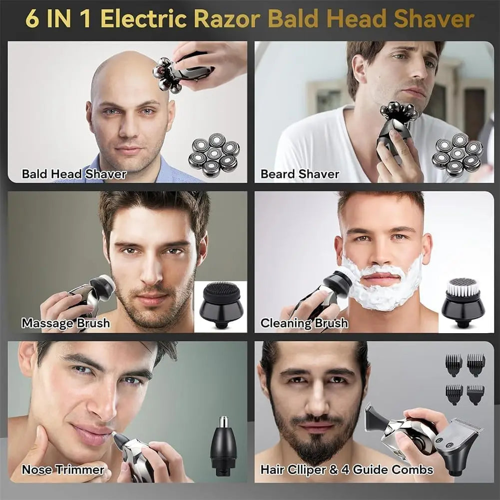 7D Head Electric Razor for Men, Multifunctional Bald Head Shaver Grooming Kit, Waterproof Type-C USB Rechargeable 6 in 1 Cordles Qme