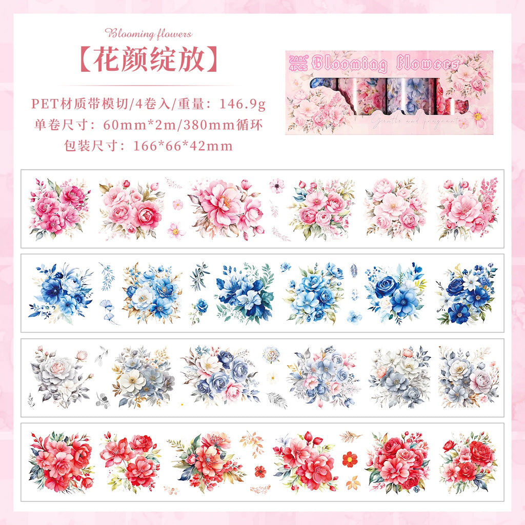 4Rolls/2m Laser Blue Red Flower Japanese PET Tape Set Decorative Masking Tape Scrapbooking Stickers Journal Aesthetic Stationery Qme B 4 Rolls